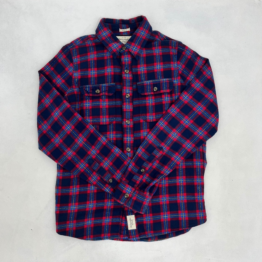 Abercrombie & Fitch Men’s L Flannel Shirt Red‎ Blue Plaid Muscle Fit Button Up